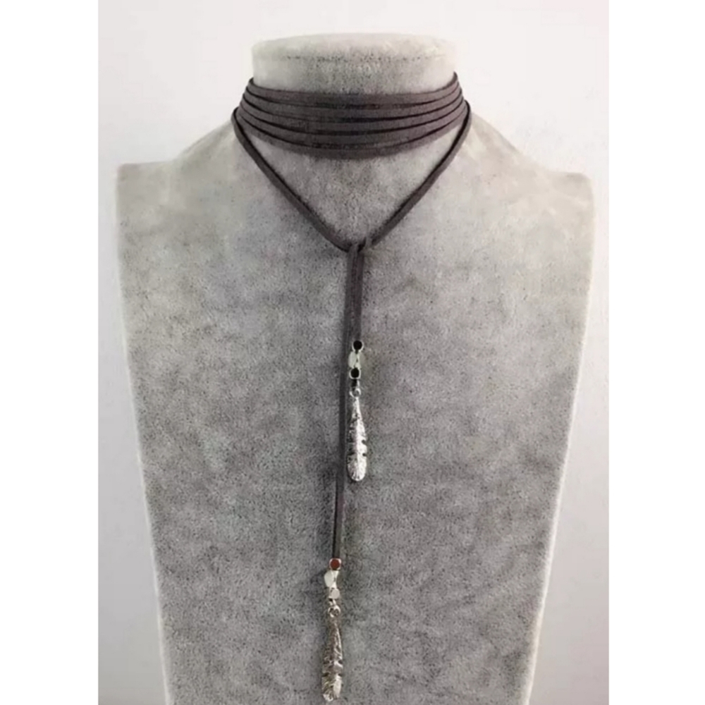 Vegan Leather Feather Long Wrap Necklace Choker